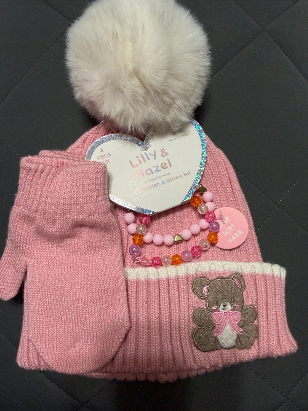 Lilly & Hazel Pink Pom Pom Hat, Mittens & Bracelet Set